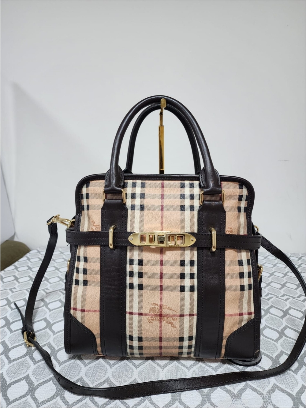 Burberry Haymarket Check Top Handle/Satchel Bag Brown/Beige